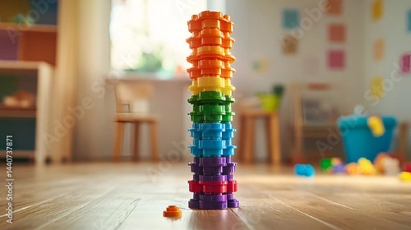 Fototapeta Colorful building blocks stacked in a playful arrangement within a bright indoor environment.