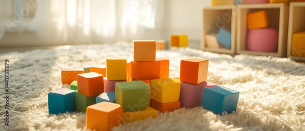 Obraz Colorful building blocks scattered on a soft rug in a bright, cheerful room, inviting playful creativity and imagination.