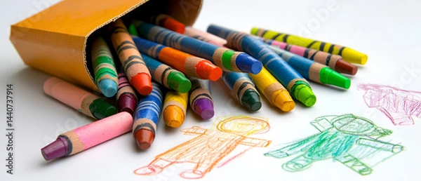 Obraz Colorful crayons scattered around, with sketches of playful characters and imaginative designs on paper.