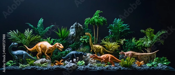 Obraz Colorful dinosaur figures among lush greenery create a vibrant prehistoric landscape for collectors and enthusiasts.