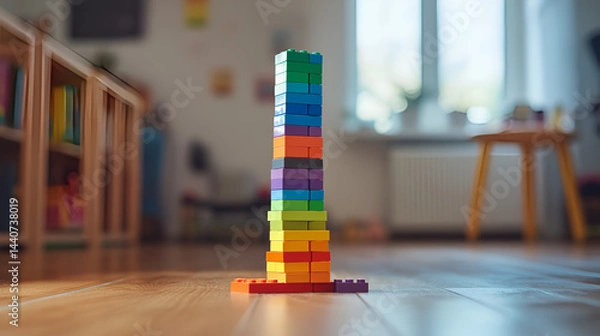 Obraz Colorful building blocks stacked in a playful room, promoting creativity and imagination in children.