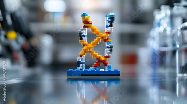 Fototapeta Colorful DNA model created from building blocks, representing genetic structure in a modern laboratory setting.
