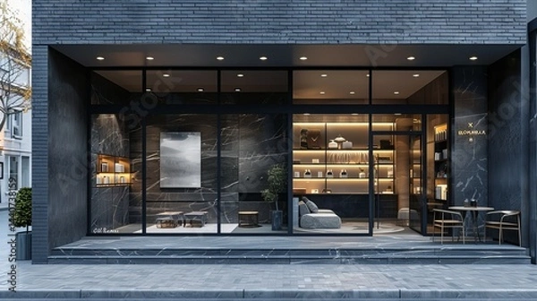 Fototapeta Stylish grey brickwall boutique facade mockup template, with a sophisticated blend of brick and metal finishes, elegant urban storefront concept 