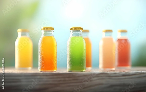 Obraz Colorful glass bottles filled with refreshing drinks, perfect for summer fun and healthy hydration.