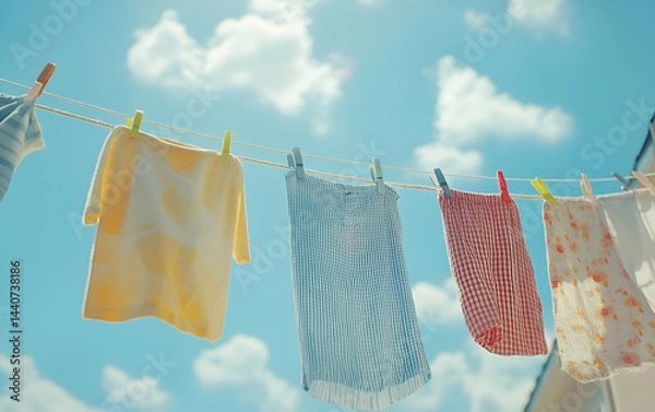 Obraz Colorful laundry hanging on a clothesline under a bright blue sky, evoking a sense of freshness and cleanliness.