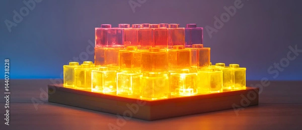 Obraz Colorful layered jelly blocks illuminated on a simple wooden surface, creating a playful and inviting atmosphere.