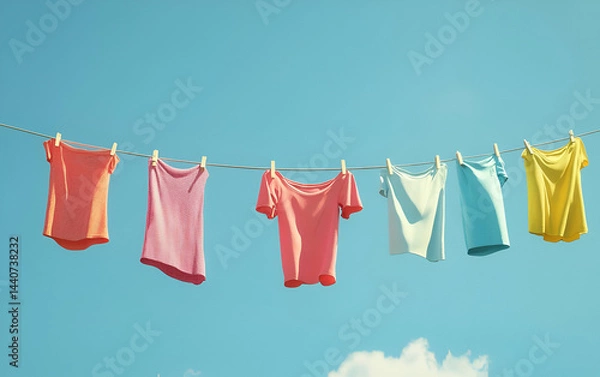 Obraz Colorful shirts hanging on a clothesline, blowing gently in the breeze against a clear blue sky.