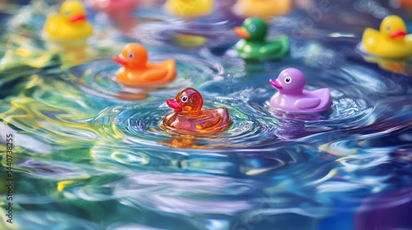 Obraz Colorful rubber ducks float playfully in a serene blue pond, creating a cheerful and whimsical atmosphere.