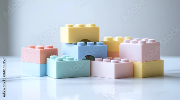 Obraz Colorful plastic building blocks stacked artistically on a light surface, inspiring imagination and creativity.