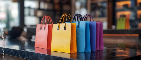 Obraz Colorful shopping bags lined up on a table, ready for a fun shopping experience. Perfect for retail and fashion themes.