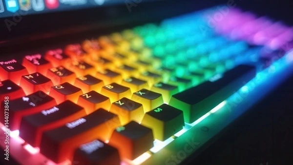 Obraz Rainbow keyboard with a rainbow glow. The keyboard is lit up and has a rainbow color scheme