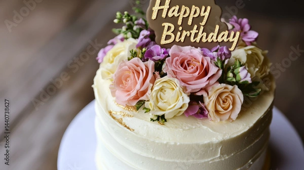 Fototapeta Minimalist & Elegant Cake Smooth white or pastel buttercream Topped with fresh flowers, gold leaf, and a delicate "Happy Birthday" topper Great for adults who love a chic vibe.