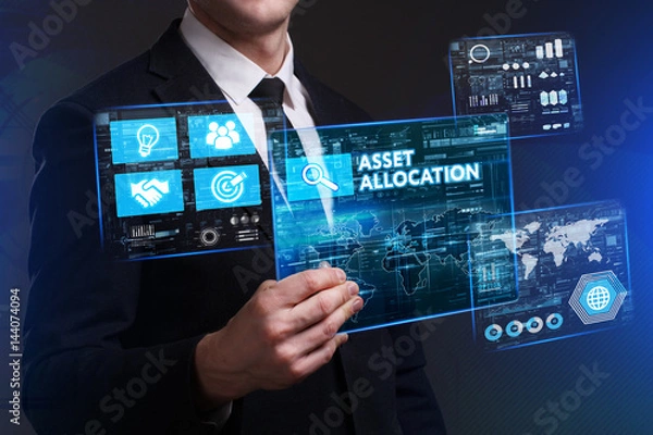Fototapeta Business, Technology, Internet and network concept. Young businessman working on a virtual screen of the future and sees the inscription: Asset allocation