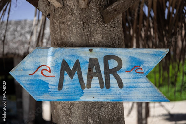 Fototapeta Beach sign with a positive message. Typical tropical beach sign. MAR caption.