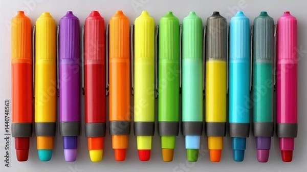 Obraz a set of brightly colored highlighters arranged in a row on a white isolated background, vibrant and office-ready design