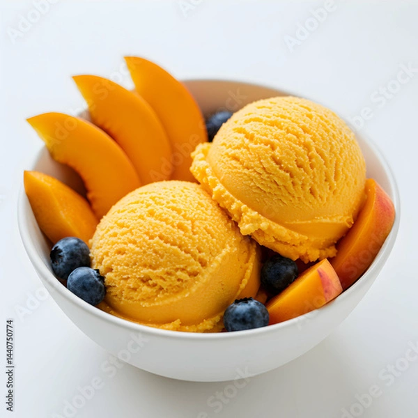 Fototapeta A white bowl filled with two scoops of yellow ice cream, mango slices, and blueberries on white background