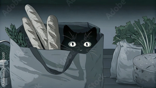 Fototapeta Black cat peeking from grocery bag with fresh vegetables and bread  