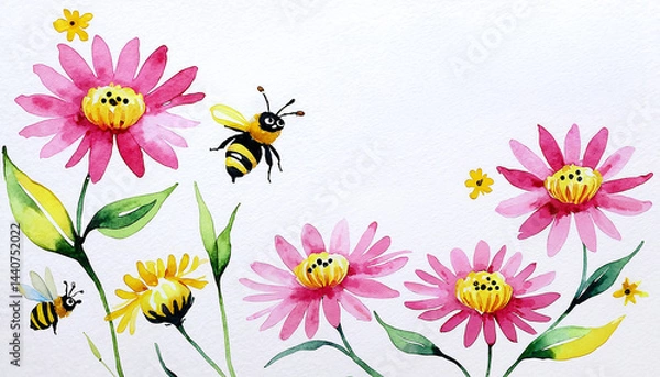 Obraz field flowers and bees flying around, aquarelle wallpaper