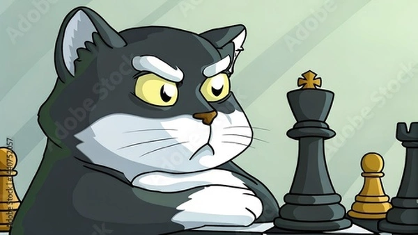 Fototapeta Cartoon cat strategizing while playing chess in a bright setting  