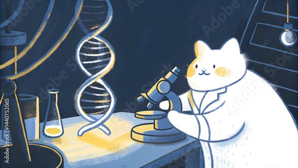 Fototapeta Cat Scientist Observing DNA with Microscope in Laboratory Setting  