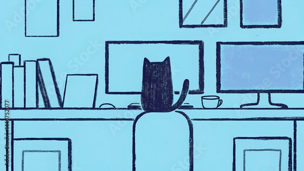 Fototapeta Cat working at a computer desk in a blue home office  