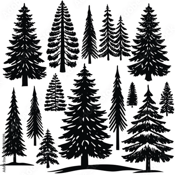 Fototapeta "Christmas Tree Silhouette Vector Collection in Minimalist and Festive Styles for Holiday Design Projects"