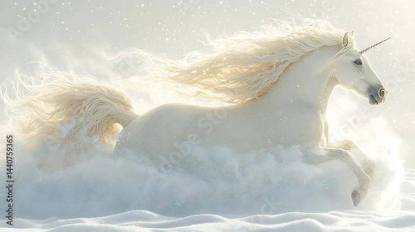 Obraz Majestic white unicorn galloping through a snowy landscape.