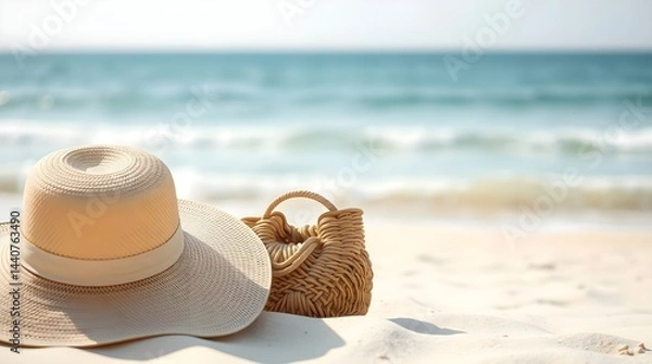 Fototapeta A straw hat with a rattan bag  on a beach, large space for copy