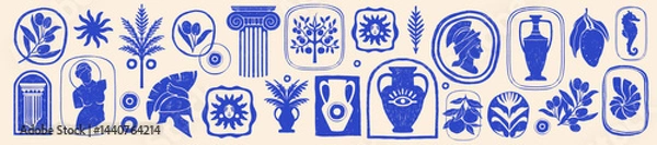 Fototapeta Greek mediterranean ancient print set, vector hand drawn summer vacation retro design object kit. Mythology bohemian silhouette, antique vase and column sign, sculpture emblem. Greek print olive stamp