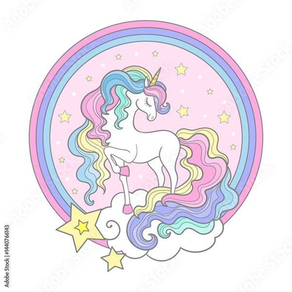 Obraz Magic white unicorn on a cloud and rainbow. Round composition. For children's design of prints, posters, cards, stickers, puzzles, etc. Vector illustration