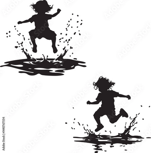 Fototapeta Child Jumping in Puddle Splashes vector silhouette