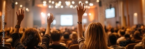Fototapeta Audience raising hands in a large hall, potentially during a presentation or Q&A session