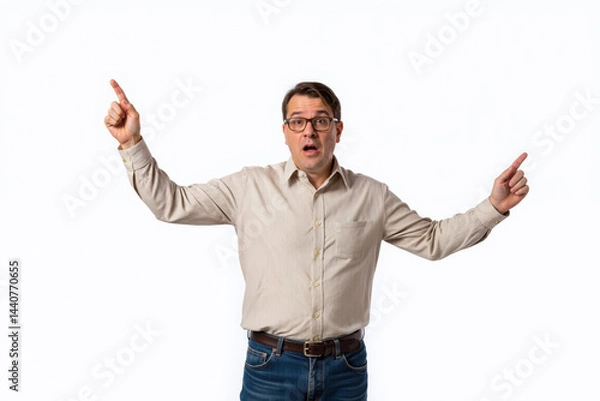 Fototapeta A man in a beige shirt and glasses, pointing upwards with both hands, looking surprised.