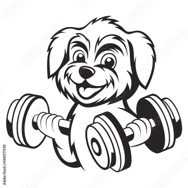Obraz Happy Dog Lifting Dumbbells Cartoon