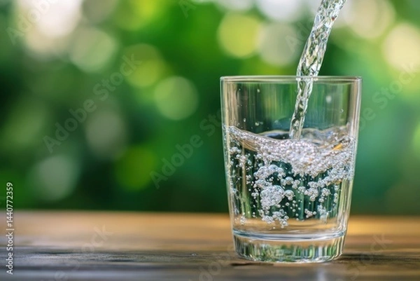 Obraz Clean water being poured into a glass on a wooden table in a sunny outdoor setting, Clean drinking water poured into a glass