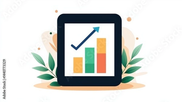 Obraz A under 200 characters: A digital illustration of a bar chart with an upward arrow, surrounded by decorative leaves, symbolizing growth and progress.