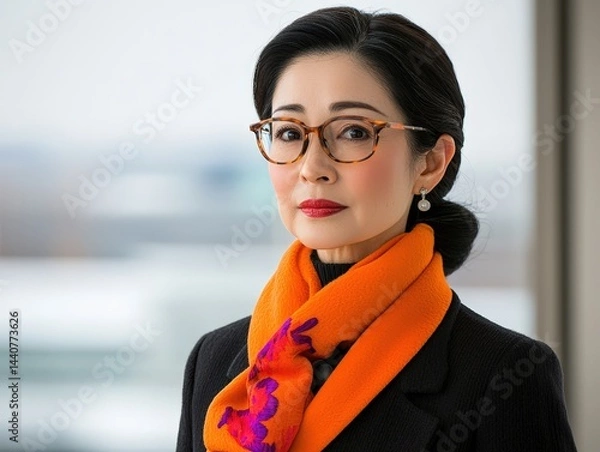 Obraz A sophisticated woman with glasses and an orange scarf stands indoors, looking confidently at the camera.
