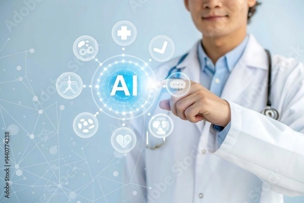Fototapeta Asian Doctor Touching AI Interface with Medical Icons and Futuristic Background