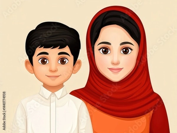 Fototapeta A smiling boy and a woman in a red hijab pose together, both facing forward with warm expressions.