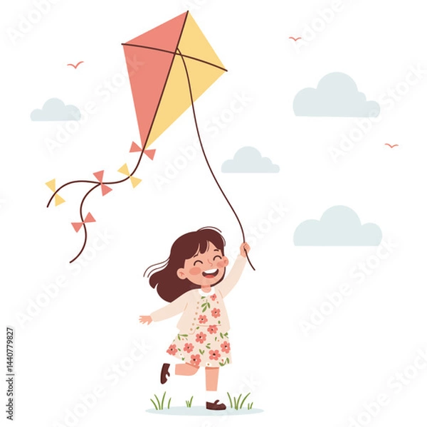 Obraz Illustration of happy girl flying kite outdoors on a sunny day with clouds and birds vector art