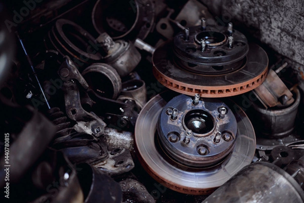 Fototapeta The original brake discs on the car were removed to upgrade them to be better.Old brake discs are piled up in a pile of old iron.
