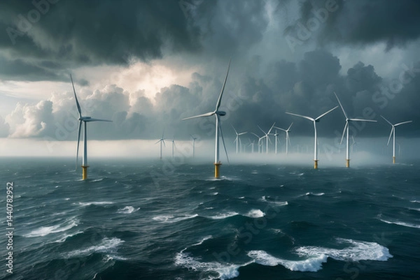 Obraz Offshore wind farm under a dramatic sky generating renewable energy