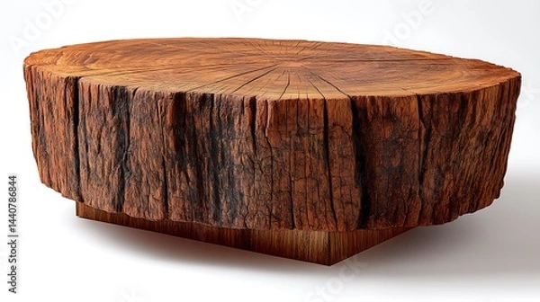 Fototapeta Rustic coffee table crafted from a large tree trunk, showing wood grain, on a block base, isolated
