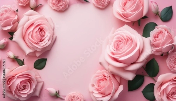 Obraz Pink Rose Frame: Delicate pink roses and lush green leaves create a romantic and elegant circular frame, perfect for adding a touch of floral charm to your designs.