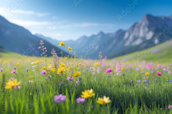 Obraz Serene mountain meadow with wildflowers blooming under a bright blue sky