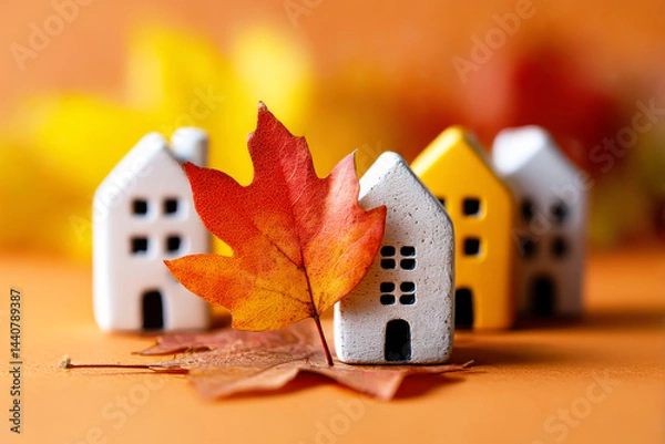 Obraz Autumnal Village Scene: Miniature houses nestled amongst autumn leaves, creating a charming and cozy autumnal scene.