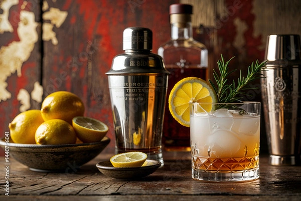 Obraz Whiskey sour cocktail garnished with lemon and rosemary prepared with bar tools