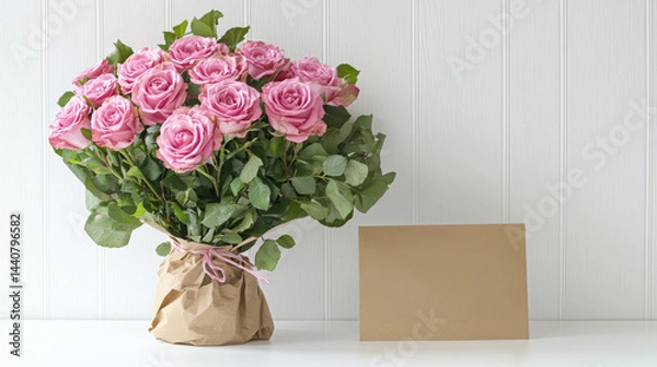 Fototapeta Elegant bouquet of pink roses wrapped in craft paper with blank greeting card on white wooden background. Concept of romantic gift, floral arrangement, love message, celebration, mock up, copy space