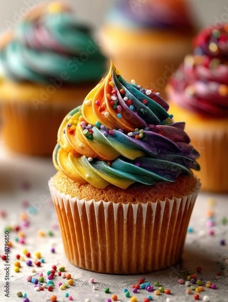 Fototapeta Cupcake With Rainbow Swirl Frosting and Colorful Sprinkles Placed Prominently on a Tabletop at a Festive Gathering