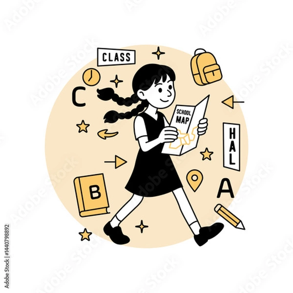 Fototapeta A smiling cartoon girl walking while holding a school map, finding her new classroom, surrounded by educational icons, in a modern flat vector illustrations